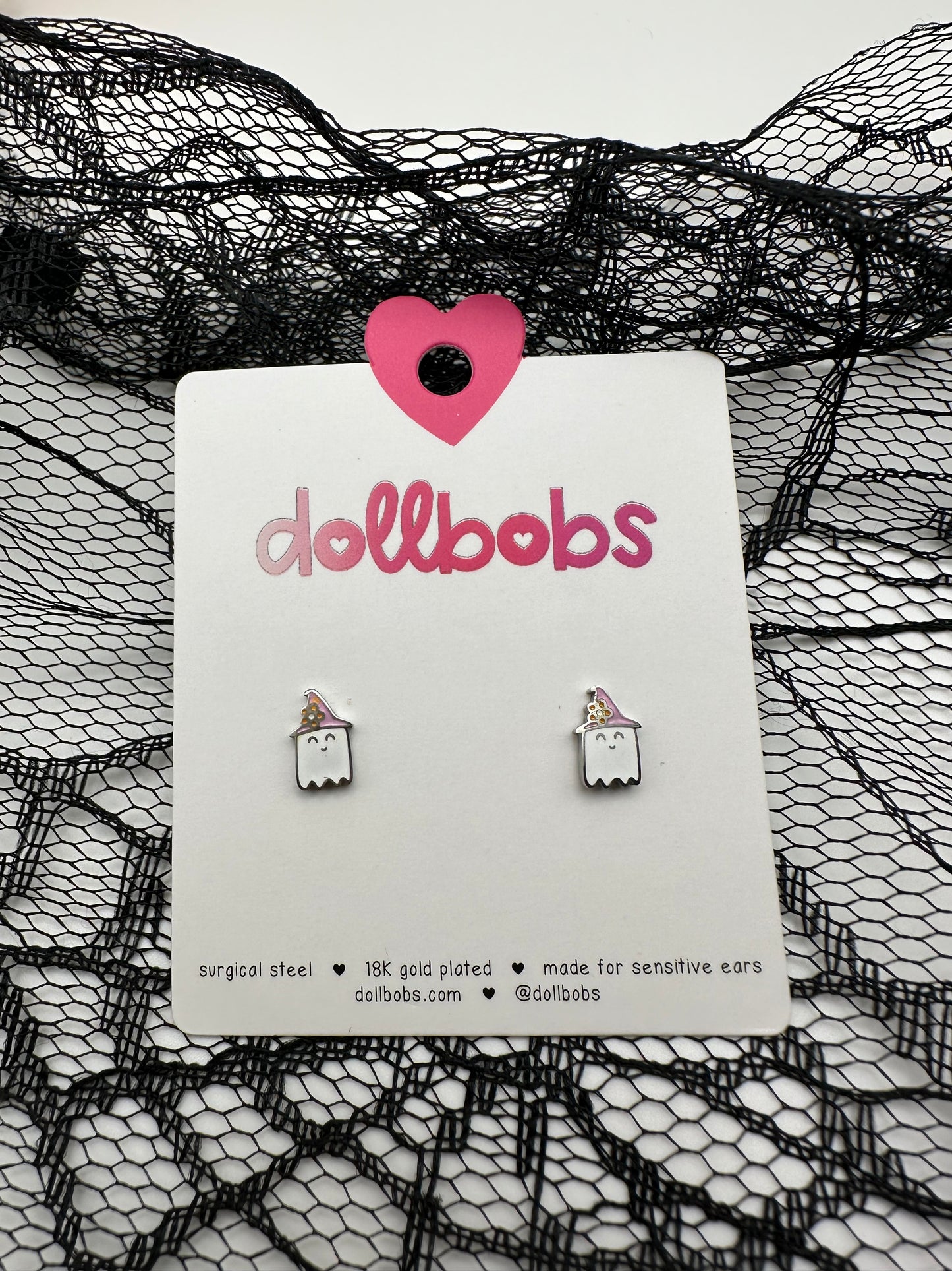 ghost stud earrings with witch hat, stainless steel silver tiny earrings