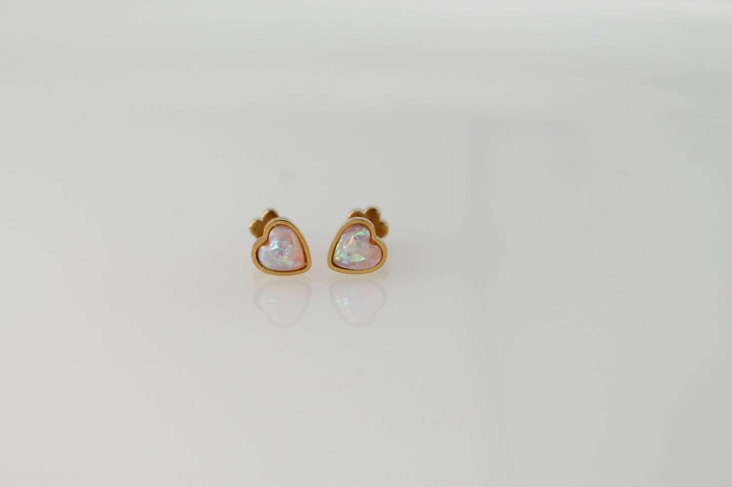 Heart stud earrings with pink opal stone