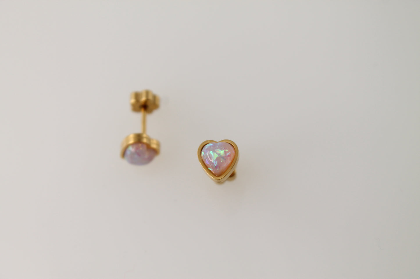 Heart stud earrings with pink opal stone
