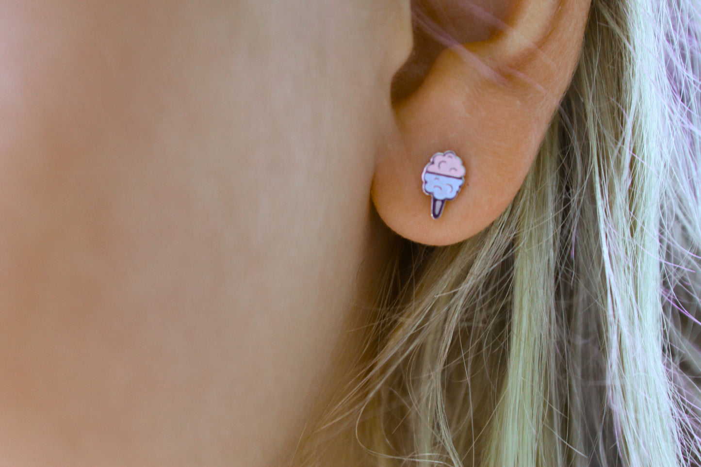 blue and pink silver cotton candy stud earrings made with hypoallergenic stainless steel, includes screw on backs for added security and comfort