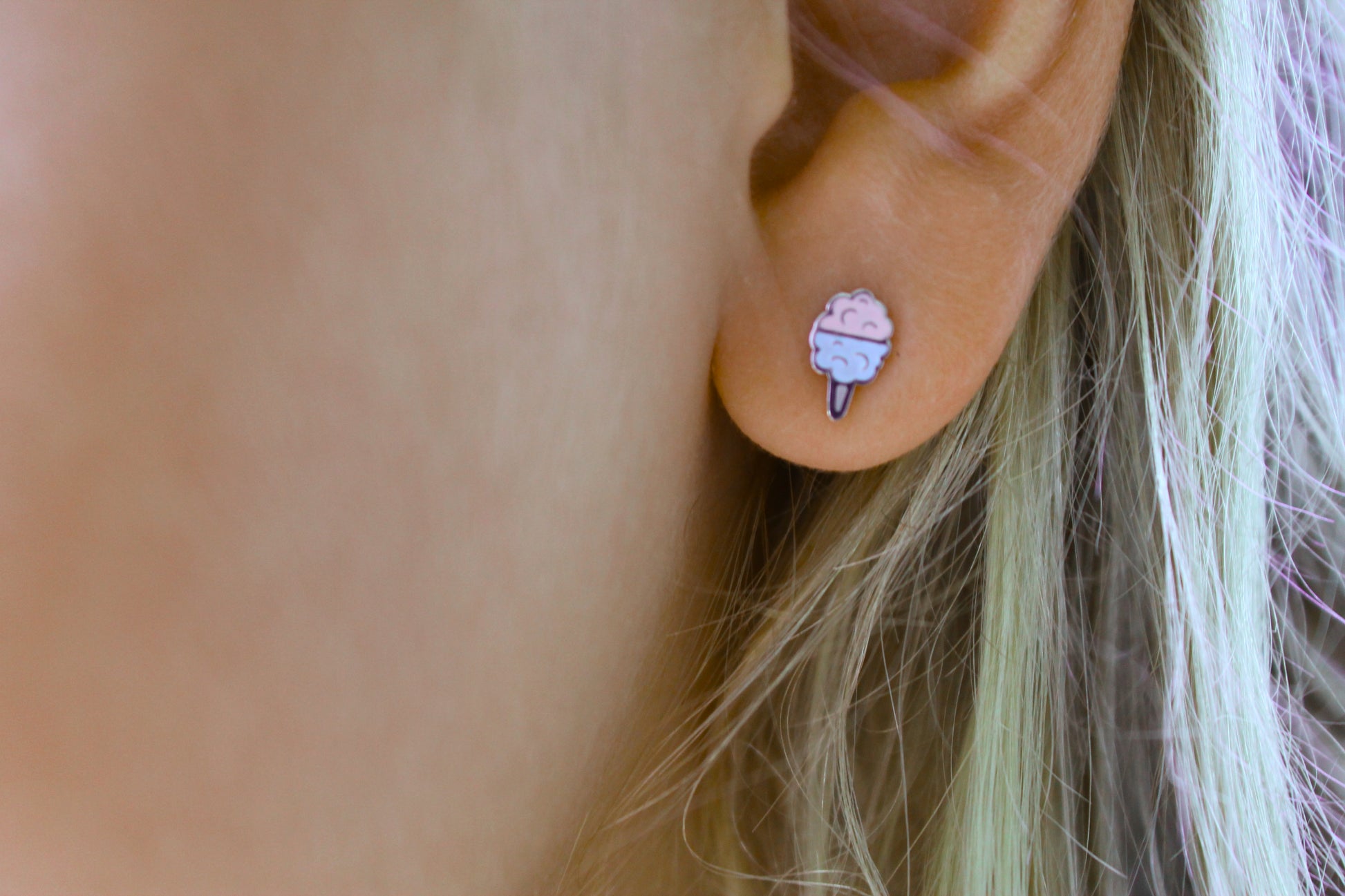 blue and pink silver cotton candy stud earrings made with hypoallergenic stainless steel, includes screw on backs for added security and comfort