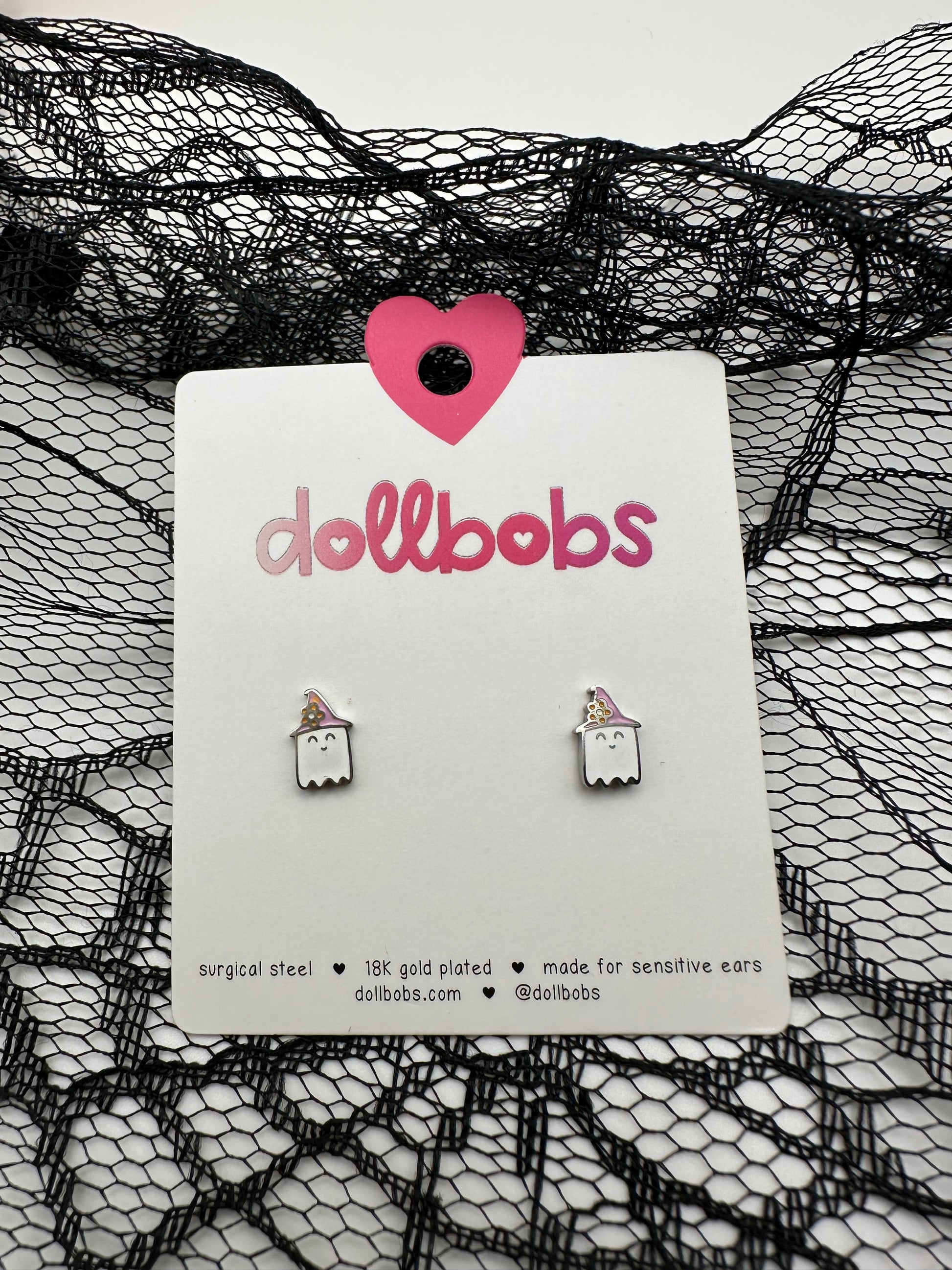 ghost stud earrings with witch hat, stainless steel silver tiny earrings