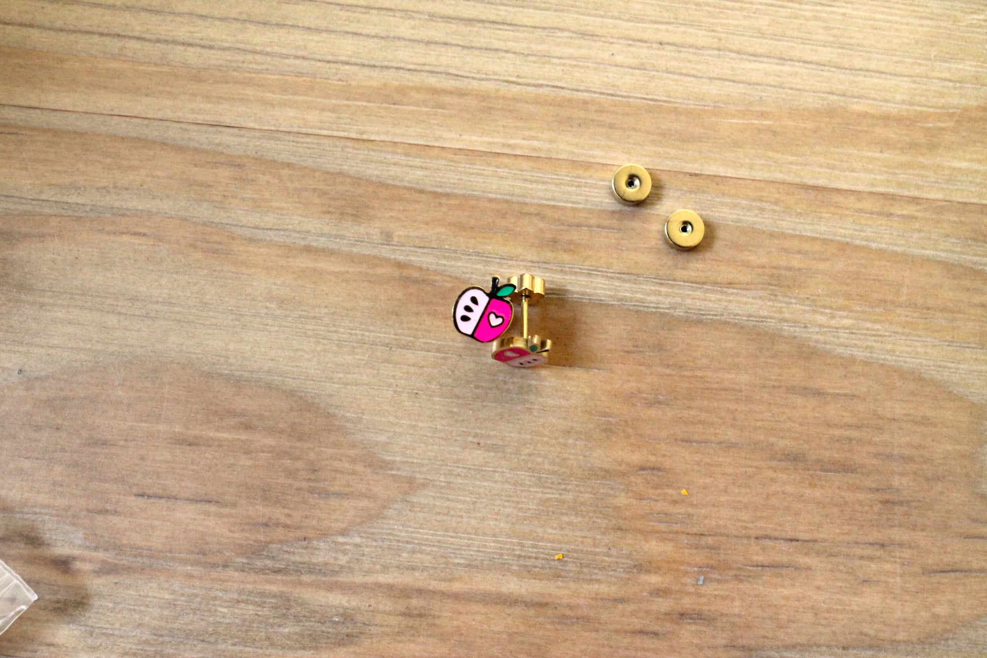 gold stainless steel earrings, pink apple stud earrings with 18K gold plated, perfect for back to school or fall festivals