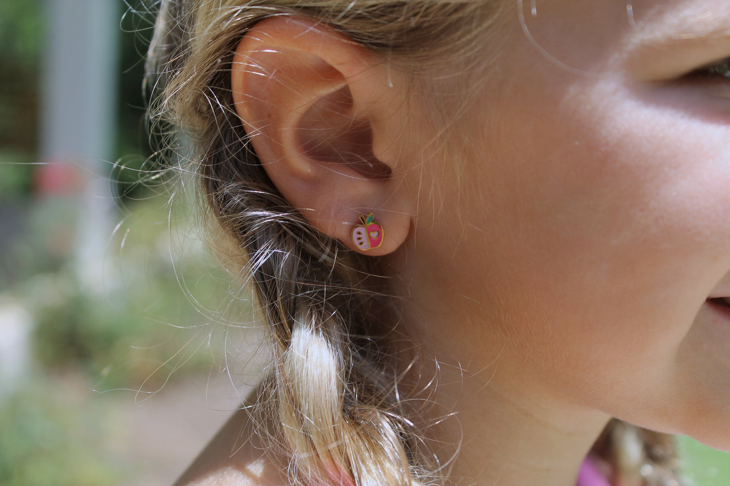 gold stainless steel earrings, pink apple stud earrings with 18K gold plated, perfect for back to school or fall festivals